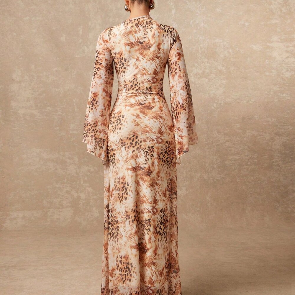 Multicolor Casual Women's Tie-Dye Leopard Print Mesh V-Neck Dress - Picture 2 of 7